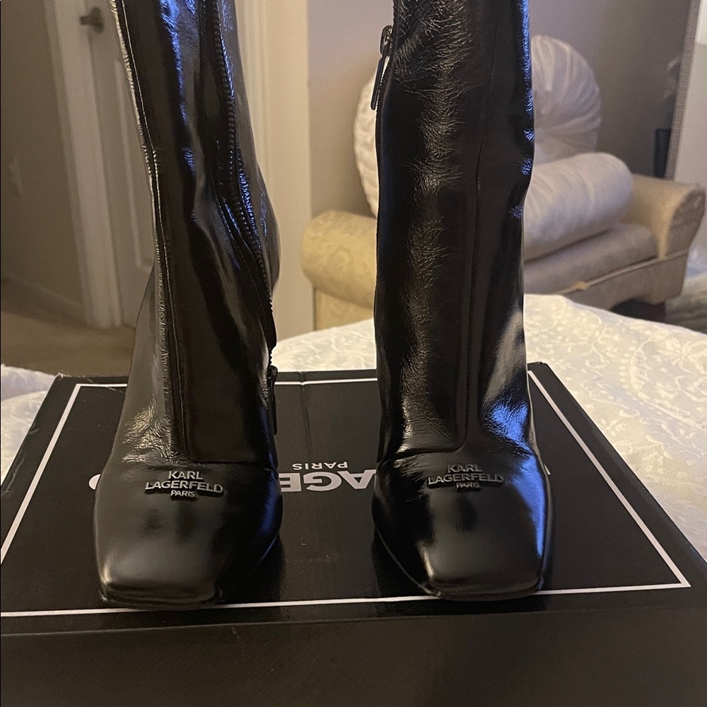 Karl Lagerfeld Shiny Black Knee-High Patent Boots
